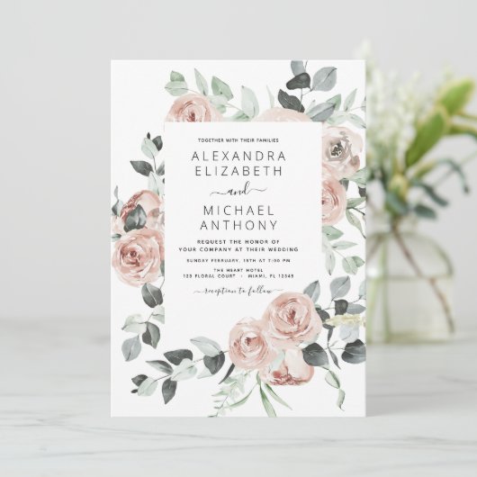 Invitation Dusty rose floral Eucalyptus Mariage Invi (Debout devant)