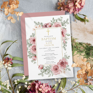 Invitation Dusty Rose Floral Gold Baptism Christening