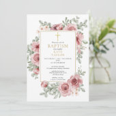 Invitation Dusty Rose Floral Gold Baptism Christening (Debout devant)