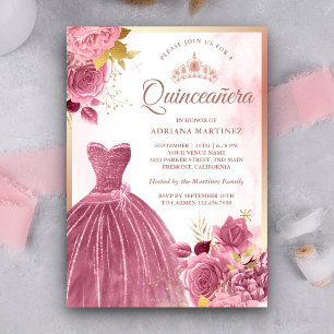 Invitation Dusty rose Floral Gown Rose or Quinceanera