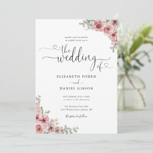Invitation Dusty Rose Floral Hearts Script Mariage photo (Debout devant)
