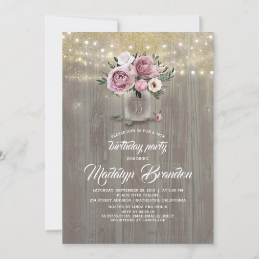 Invitation Dusty Rose Floral Mason Jar Anniversaire rustique (Devant)