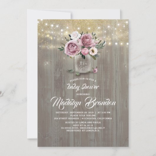 Invitation Dusty Rose Floral Mason Jar Baby shower rustique (Devant)