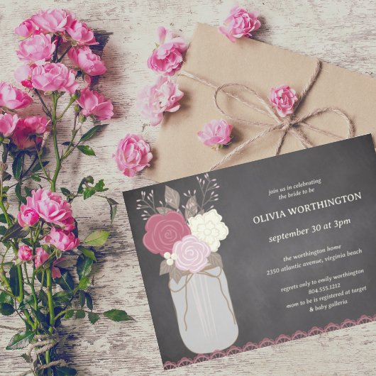 Invitation Dusty Rose Floral Mason Jar Fête des mariées