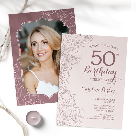 Invitation Dusty rose Floral Photo 50e fête d'anniversaire
