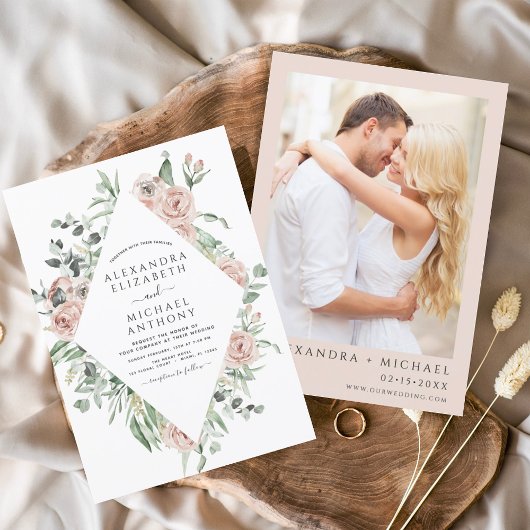 Invitation Dusty rose Floral Photo Eucalyptus Mariage Invitat