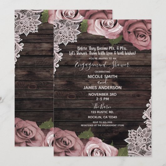 Invitation Dusty rose Floral Rose Rustic Wood Fiançailles (Devant / Derrière)