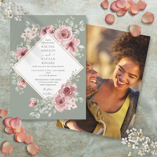 Invitation Dusty Rose Floral Sage Green Mariage Photo