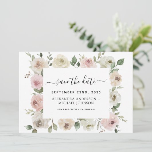 Invitation Dusty rose floral verdure Enregistrer la date Invi (Debout devant)