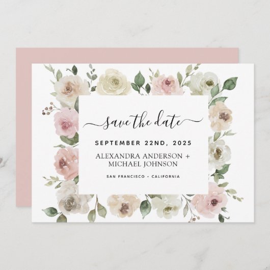 Invitation Dusty rose floral verdure Enregistrer la date Invi (Devant / Derrière)