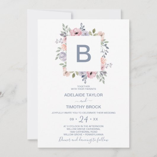 Invitation Dusty Rose Florals Monogram Mariage (Devant)