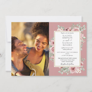 Invitation Dusty Rose Gold Floral Photo Mariage