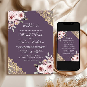 Invitation Dusty Rose Gold Lace QR Code Purple Mariage musulm