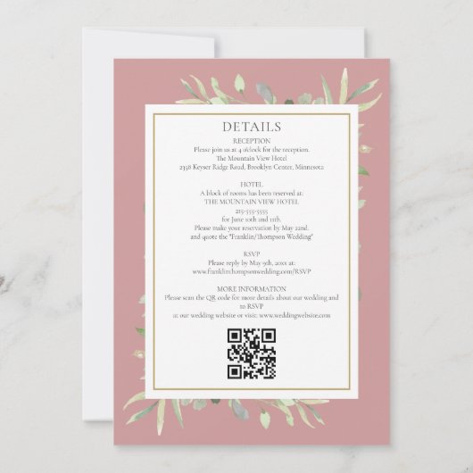 Invitation Dusty Rose Green All In One QR Code Mariage (Dos)