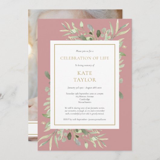 Invitation Dusty Rose Green Photo Célébration de la vie (Devant / Derrière)