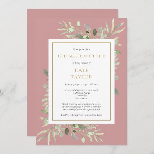 Invitation Dusty Rose Greenery Célébration de la vie funérair (Devant / Derrière)