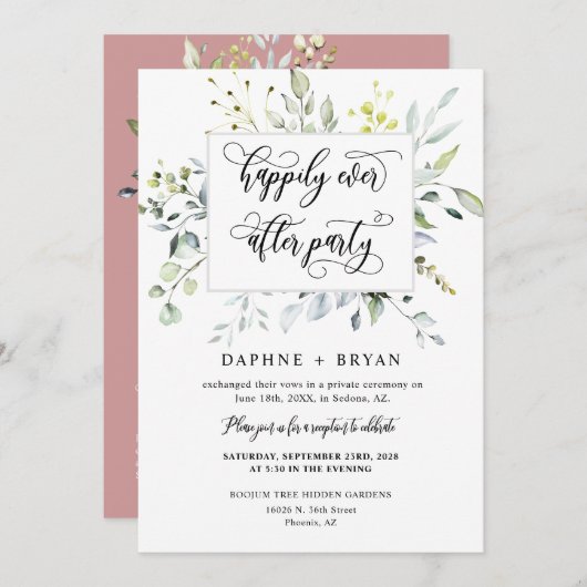 Invitation Dusty Rose Greenery Heureux Jamais Après La Photo (Devant / Derrière)