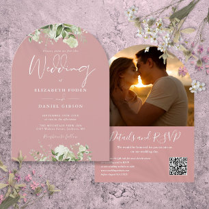 Invitation Dusty Rose Greenery QR Code Photo Arch Mariage