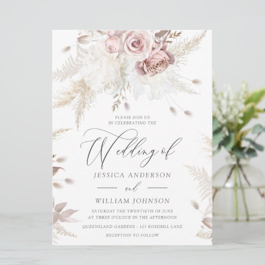 Invitation Dusty Rose & Ivory Floral Grand Mariage (Debout devant)