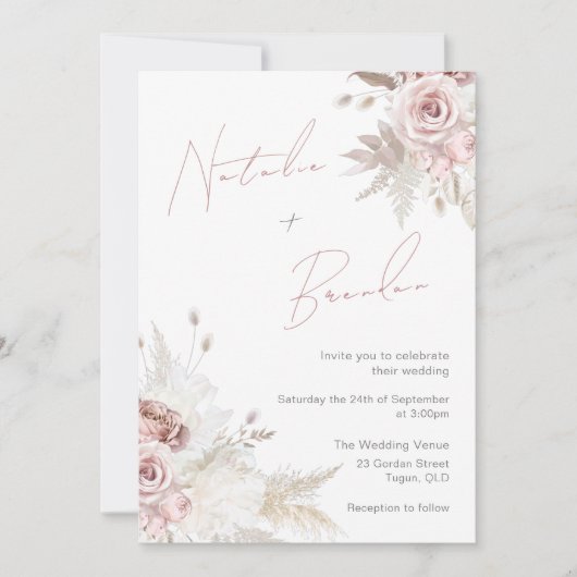 Invitation Dusty Rose & Ivory Modern Script Mariage floral (Devant)