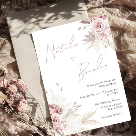 Invitation Dusty Rose & Ivory Modern Script Mariage floral