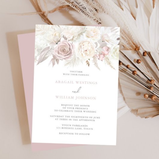 Invitation Dusty Rose & Ivory White Roses Mariage Floral