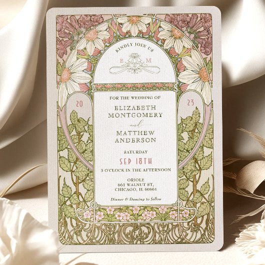 Invitation Dusty Rose Marguerite Daisy Mariage Art Nouveau