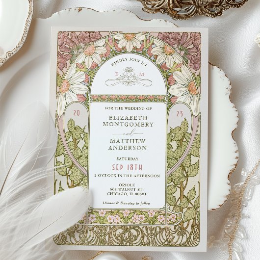 Invitation Dusty Rose Marguerite Daisy Mariage Art Nouveau