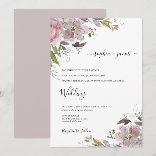 Invitation Dusty Rose Mauve Blush rose Floral Mariage (Devant / Derrière)