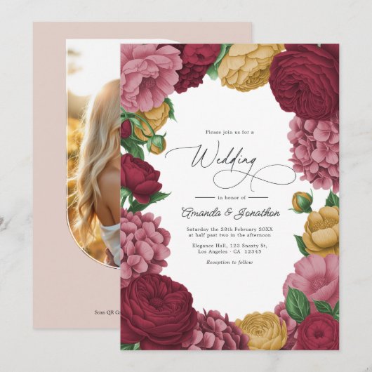 Invitation Dusty Rose, Merlot & Antique Gold Floral Wedding (Devant / Derrière)