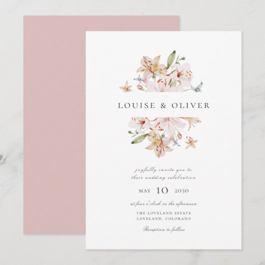 Invitation Dusty Rose moderne Aquarelle Floral Lys Mariage (Devant / Derrière)