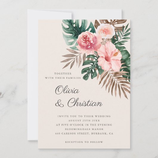 Invitation Dusty rose moderne Mariage d'aquarelle tropicale (Devant)