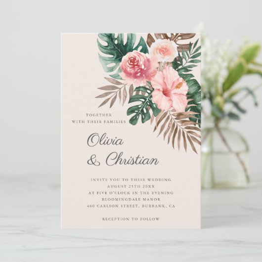Invitation Dusty rose moderne Mariage d'aquarelle tropicale (Debout devant)