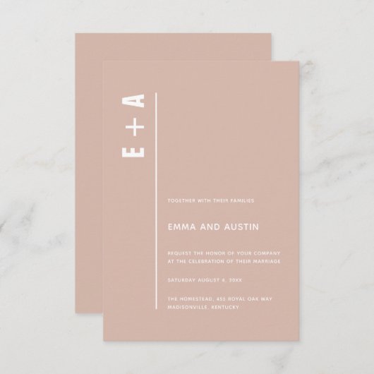 Invitation Dusty Rose moderne minimal gras initiales Mariage (Devant / Derrière)