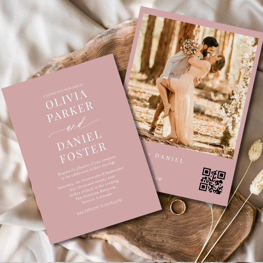 Invitation Dusty rose moderne QR Code Mariage photo