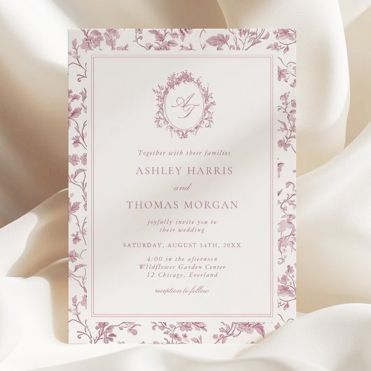 Invitation Dusty Rose Monogram Chinoiserie Wedding