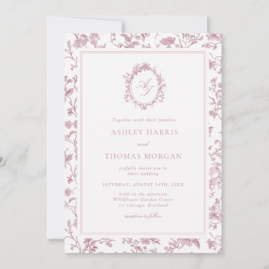 Invitation Dusty Rose Monogram Chinoiserie Wedding (Devant)