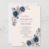 Invitation Dusty Rose Navy Blue Floral Photo Rustique Mariage (Devant)