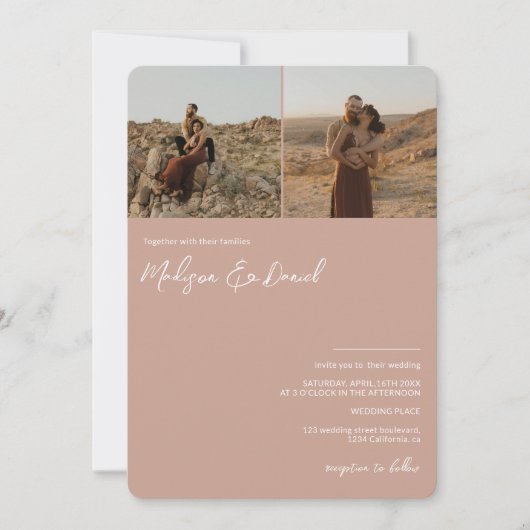 Invitation Dusty rose nom de script 3 photos qr code mariage (Devant)