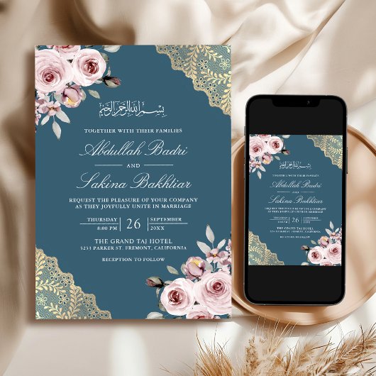 Invitation Dusty Rose or dentelle QR Code bleu Mariage musulm