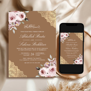 Invitation Dusty Rose or dentelle QR Code Mariage musulman be