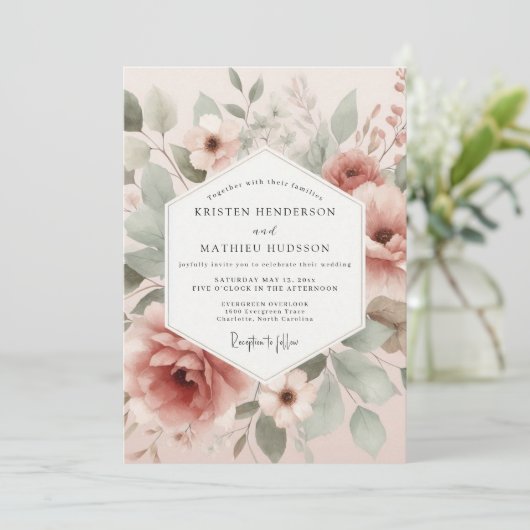 Invitation Dusty Rose Painterly Flora Wedding (Debout devant)