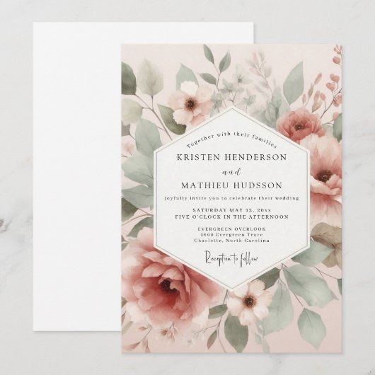 Invitation Dusty Rose Painterly Flora Wedding (Devant / Derrière)
