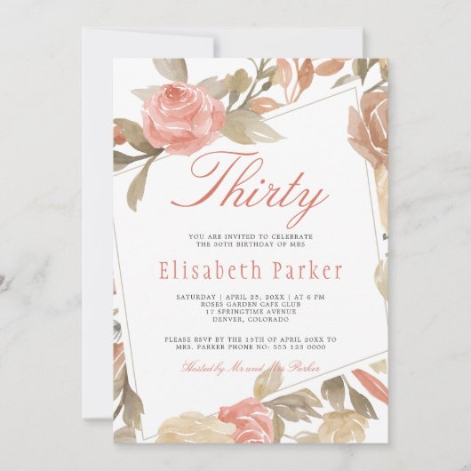 Invitation Dusty Rose Peach Cream Floral 30e fête d'anniversa (Devant)