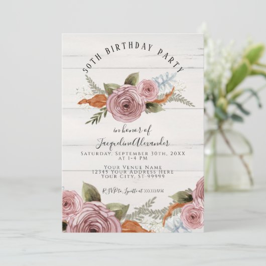 Invitation Dusty rose Peony Floral Rustique Bois fête d'anniv (Debout devant)