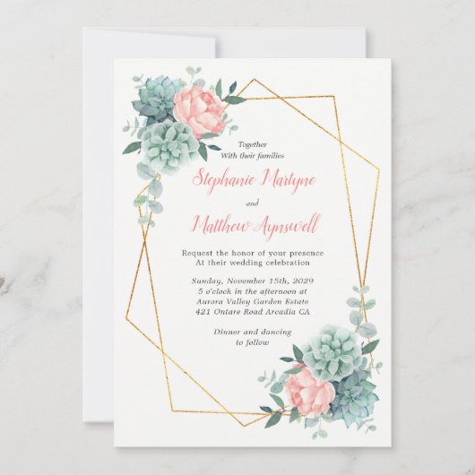 Invitation Dusty Rose Peony Mariage géométrique Succulent (Devant)