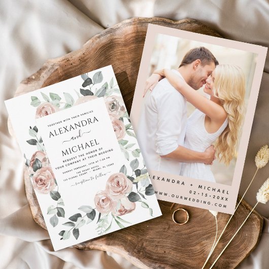 Invitation Dusty rose photo Floral Eucalyptus Mariage