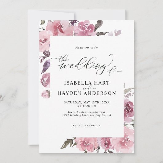 Invitation Dusty Rose Pink Pastel Floral Mauve Mariage (Devant)