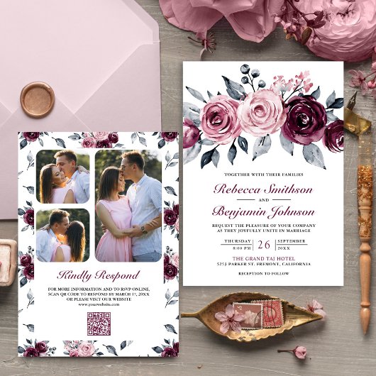Invitation Dusty rose Plum violet Floral QR Code Mariage