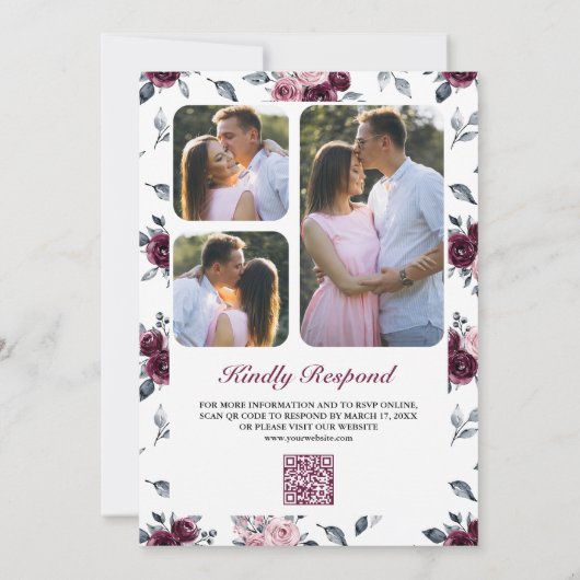 Invitation Dusty rose Plum violet Floral QR Code Mariage (Dos)
